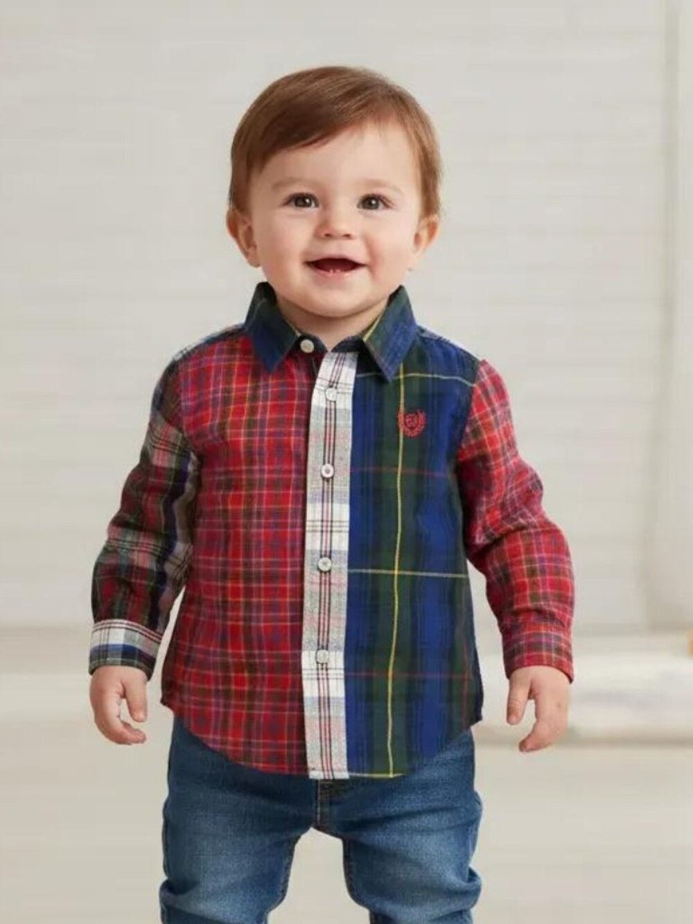 Chaps Multi-Plaid Long Sleeve Button-Down Shirt size 12 Months